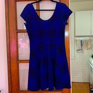 Planet Gold Bright cobalt blue plaid scoop neck skater dress